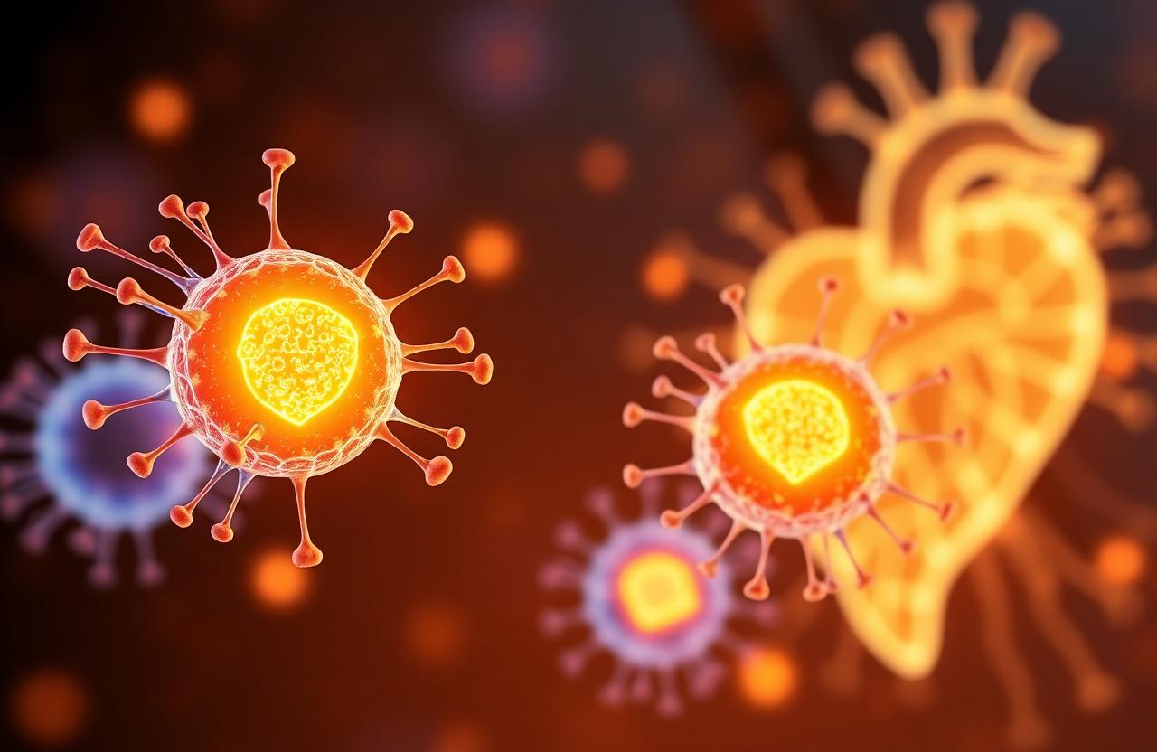 Cellules et mitochondries autour d'un cœur stylisé