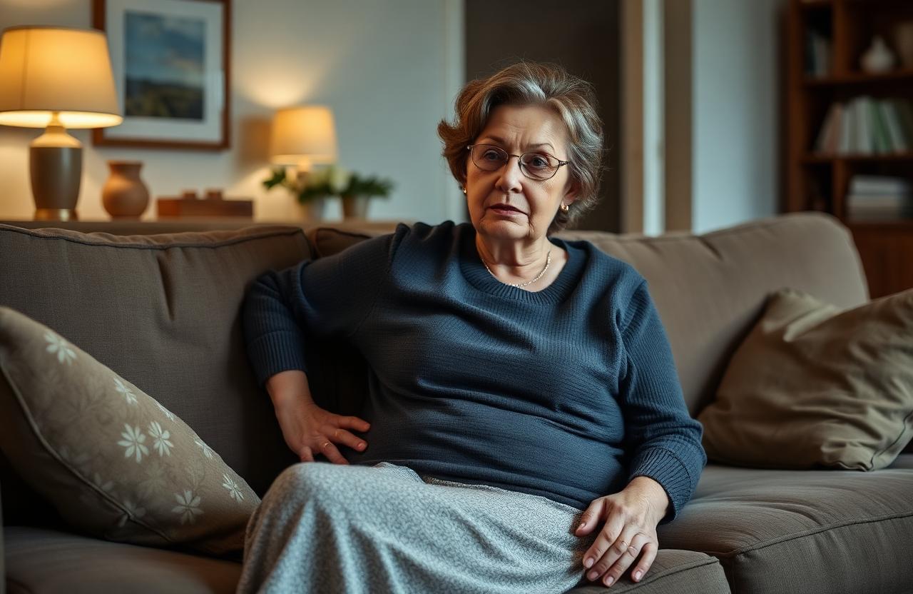 Femme de 60 ans assise dans son salon, air fatigué